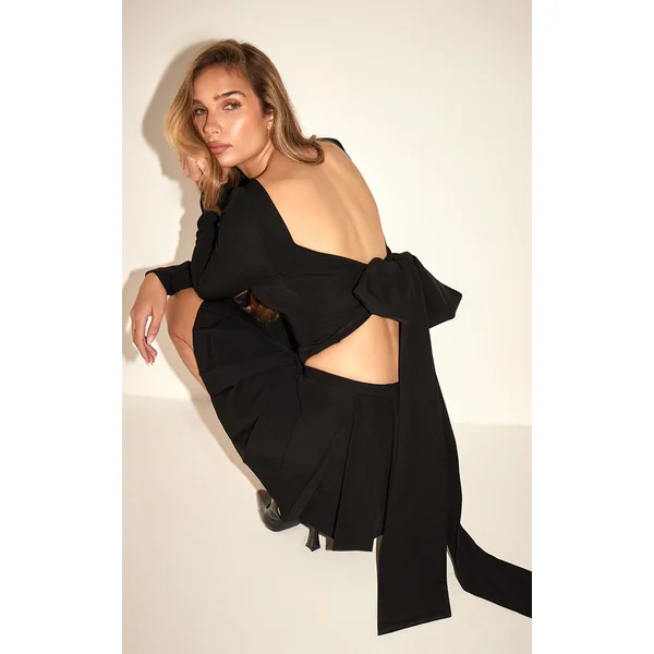Noir Ensemble Coordonné Jupe Micro Mini Plissée En Tissu Tissé Ajusté