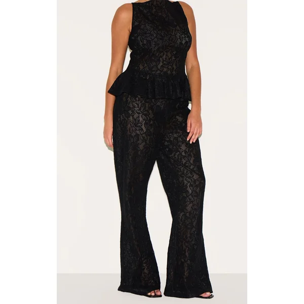 Noir Ensemble Coordonné Pantalon Grande Taille En Dentelle Transparente À Jambes Évasées