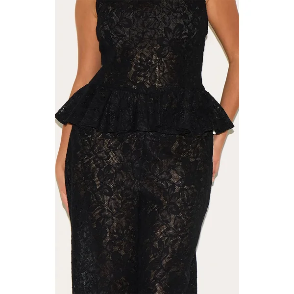 Noir Ensemble Coordonné Pantalon Grande Taille En Dentelle Transparente À Jambes Évasées