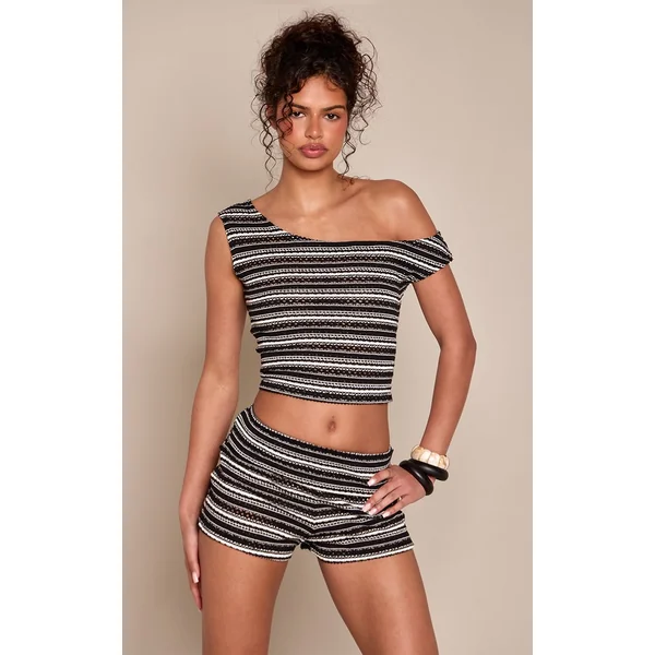Noir Ensemble Coordonné Short Taille Haute À Rabat Rayures Texturées