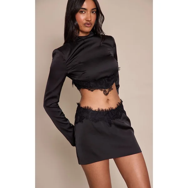 Noir Ensemble Mini-jupe En Satin Avec Bordure En Dentelle