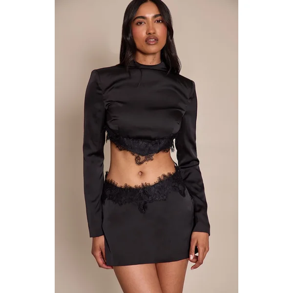 Noir Ensemble Mini-jupe En Satin Avec Bordure En Dentelle