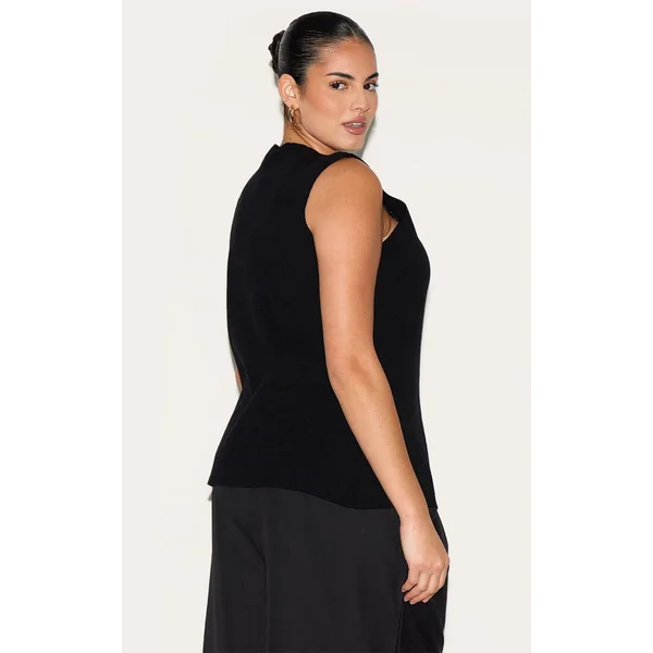 Noir Gilet Grande Taille En Maille Compacte Boutonné