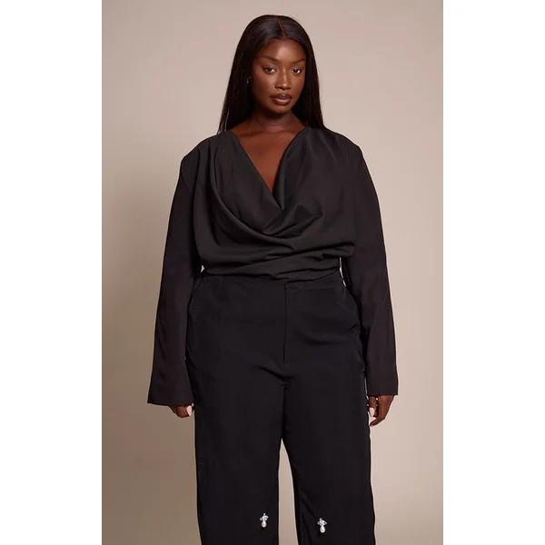 Noir Haut Grande Taille Drapé Tissé À Décolleté Plongeant