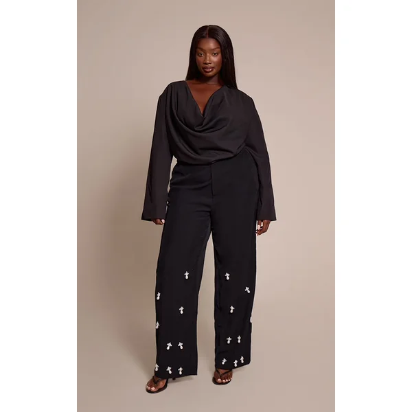 Noir Haut Grande Taille Drapé Tissé À Décolleté Plongeant