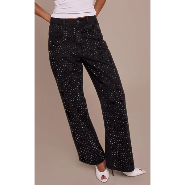 Noir Jean Droit Taille Haute En Denim Avec Strass Thermocollants