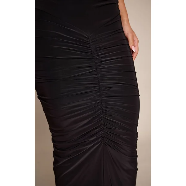 Noir Jupe Longue Maxi En Tissu Slinky Double Couche Avec Détails Froncés