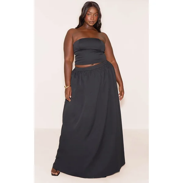 Noir Jupe Longue Plissée Grande Taille Avec Bande Tissée Coordonnée
