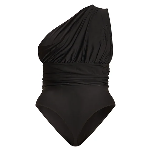 Noir Maillot De Bain Échancré Une Épaule Froncé Sculptant