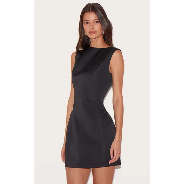 Noir Mini Robe En Satin À Encolure Bateau
