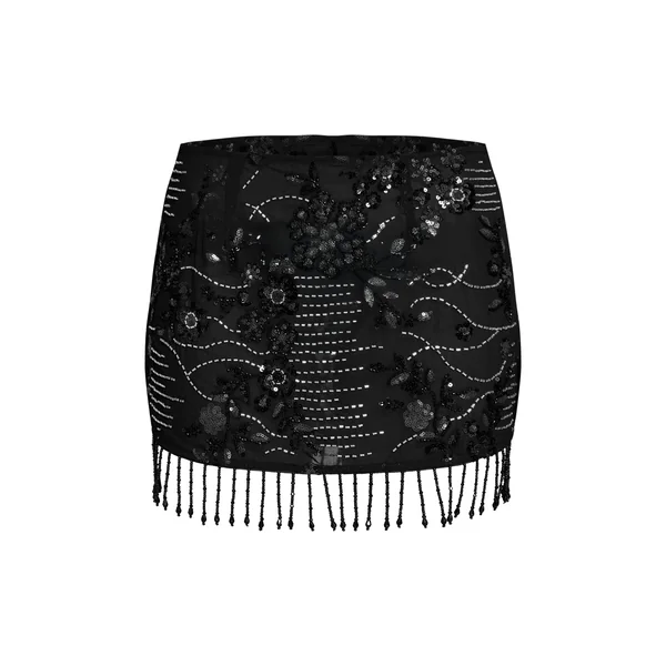 Noir Mini-jupe Transparente Brodée À Pompons
