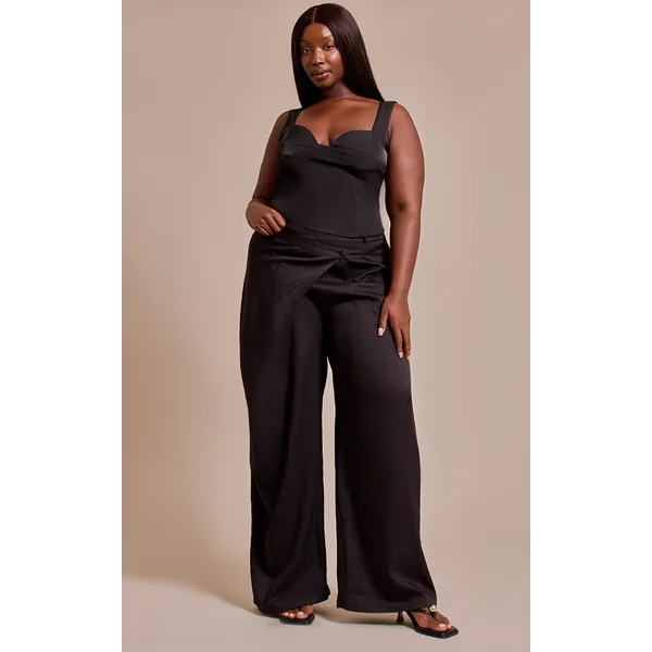 Noir Pantalon Grande Taille Tissé À Devant Croisé