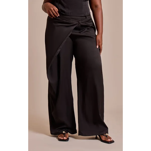 Noir Pantalon Grande Taille Tissé À Devant Croisé