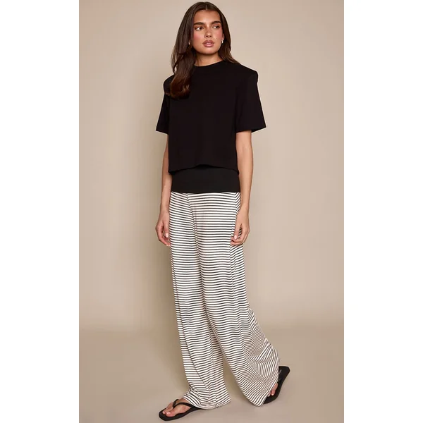 Noir Pantalon Large En Jersey Doux À Rayures Avec Bande De Taille Contrastante
