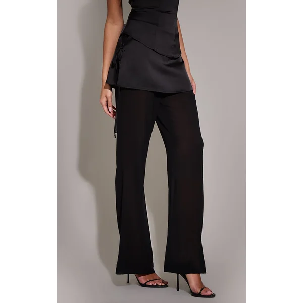 Noir Pantalon Large En Satin Avec Superposition En Mousseline