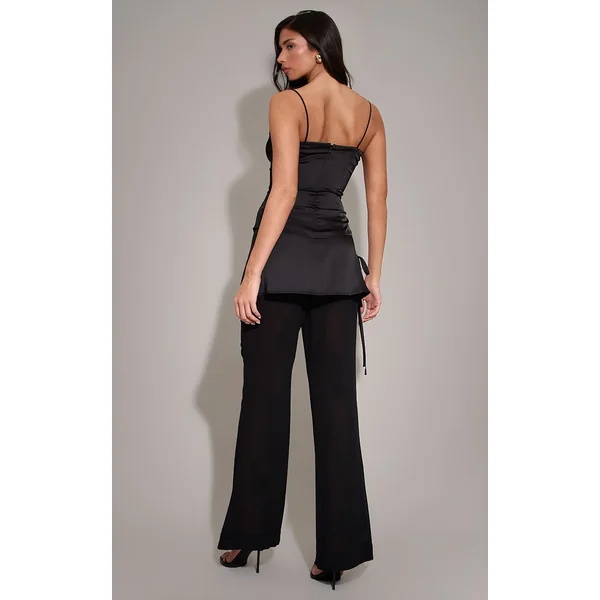 Noir Pantalon Large En Satin Avec Superposition En Mousseline