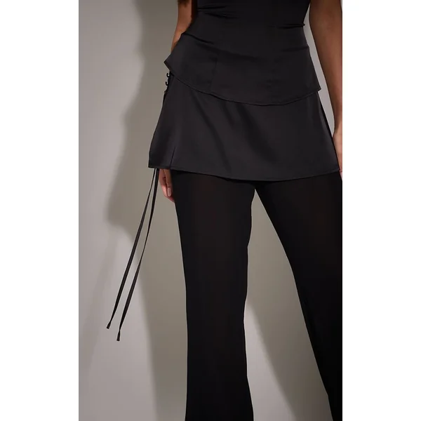 Noir Pantalon Large En Satin Avec Superposition En Mousseline