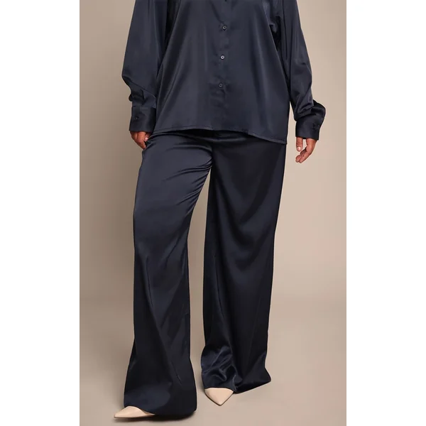 Noir Pantalon Large Taille Haute En Satin Froissé Grande Taille