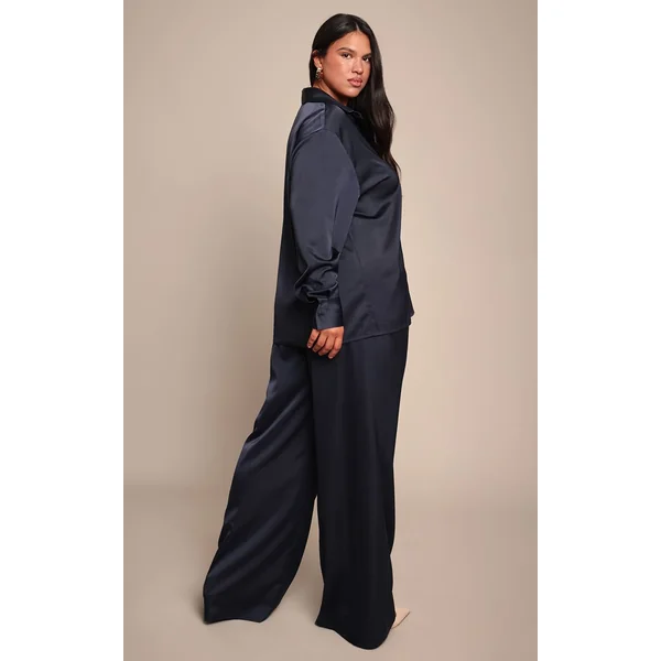 Noir Pantalon Large Taille Haute En Satin Froissé Grande Taille