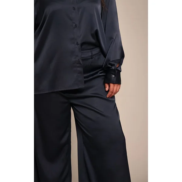 Noir Pantalon Large Taille Haute En Satin Froissé Grande Taille