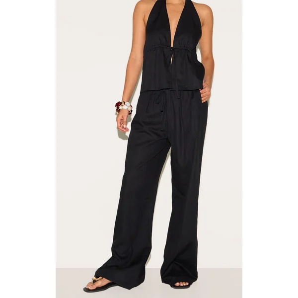 Noir Pantalon Large À Cordon De Serrage En Chiné Coordonné