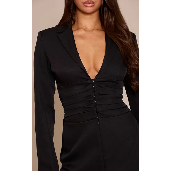 Noir Robe Blazer Ajustée Tissée À Agrafes