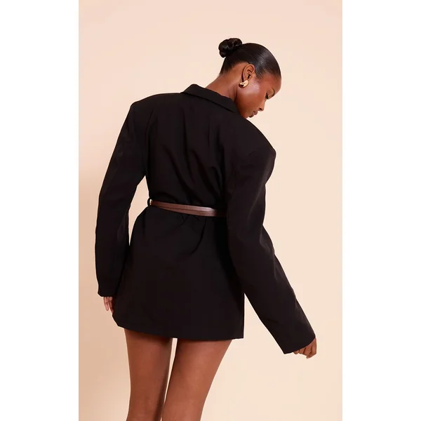 Noir Robe Blazer Ceinturée En Tissu Tissé