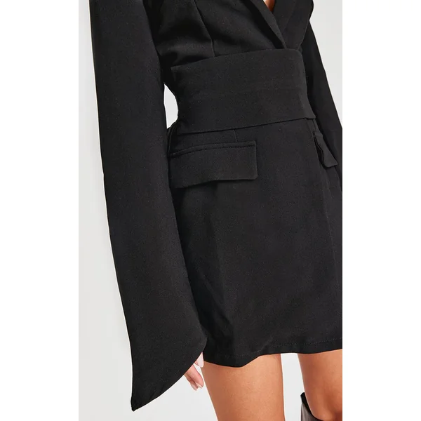Noir Robe Blazer Ceinturée Portefeuille En Tissu Tissé