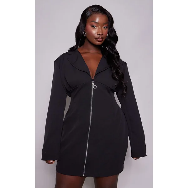Noir Robe Blazer Tissée Grande Taille Avec Fermeture Zippée Et Détail Corset