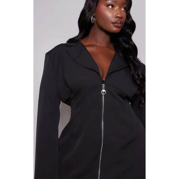 Noir Robe Blazer Tissée Grande Taille Avec Fermeture Zippée Et Détail Corset