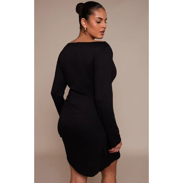 Noir Robe Courte Grande Taille À Encolure Bateau Et Fronces Latérales