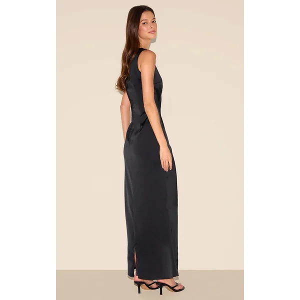 Noir Robe Longue De Demoiselle D'honneur En Satin Col Bateau