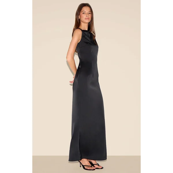 Noir Robe Longue De Demoiselle D'honneur En Satin Col Bateau