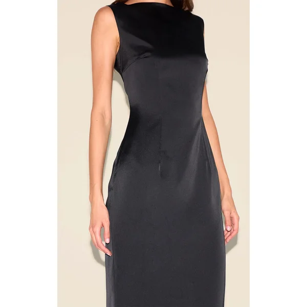 Noir Robe Longue De Demoiselle D'honneur En Satin Col Bateau