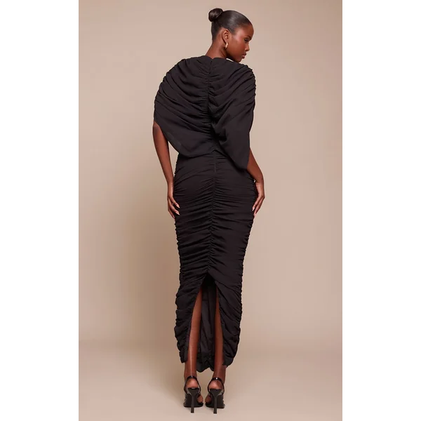 Noir Robe Longue Froncée À Détail Superposition En Mousseline