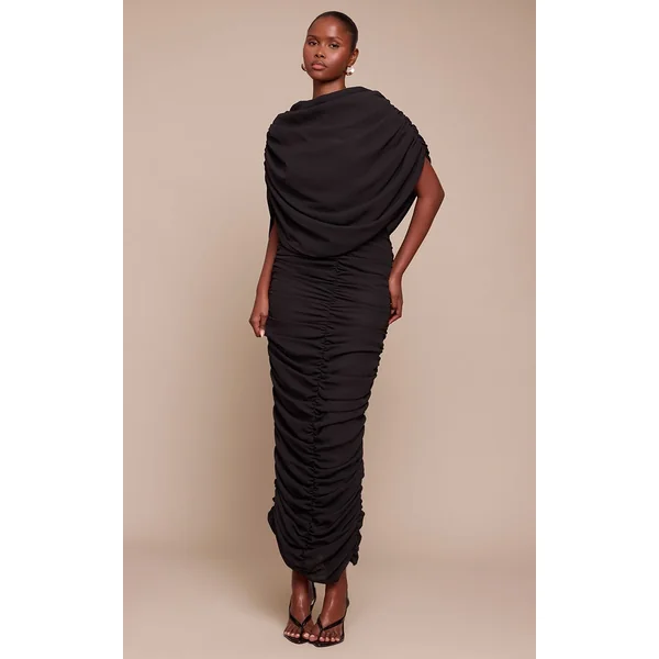 Noir Robe Longue Froncée À Détail Superposition En Mousseline