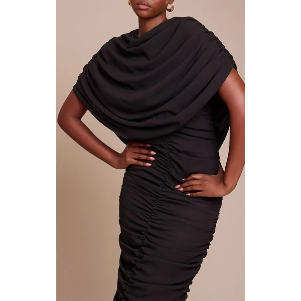 Noir Robe Longue Froncée À Détail Superposition En Mousseline