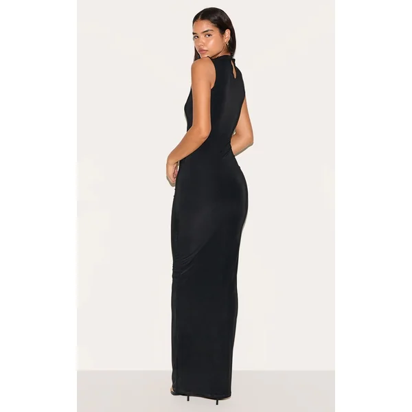 Noir Robe Longue Maxi Sans Manches À Col Montant Double Épaisseur Pour Grande Taille