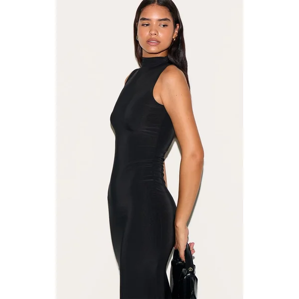 Noir Robe Longue Maxi Sans Manches À Col Montant Double Épaisseur Pour Grande Taille