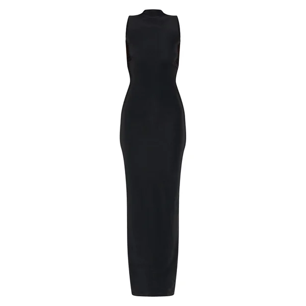 Noir Robe Longue Maxi Sans Manches À Col Montant Double Épaisseur Pour Grande Taille
