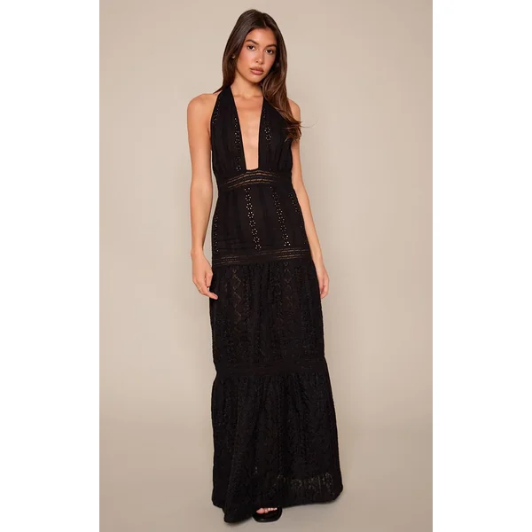 Noir Robe Longue Texturée À Col Licou