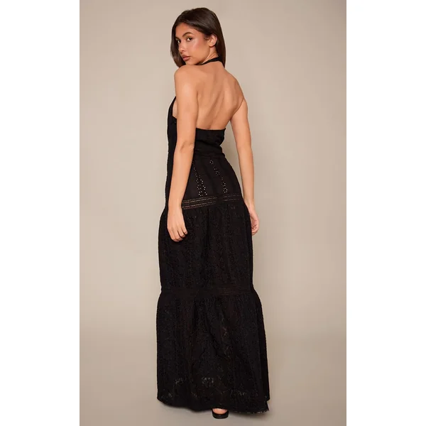 Noir Robe Longue Texturée À Col Licou