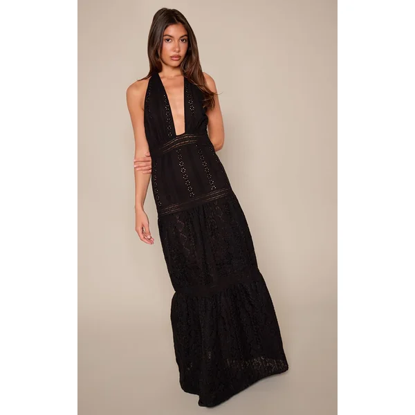 Noir Robe Longue Texturée À Col Licou