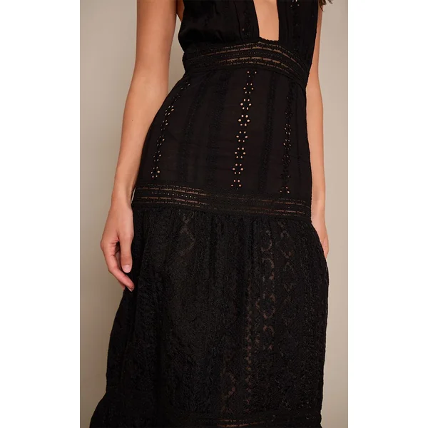 Noir Robe Longue Texturée À Col Licou
