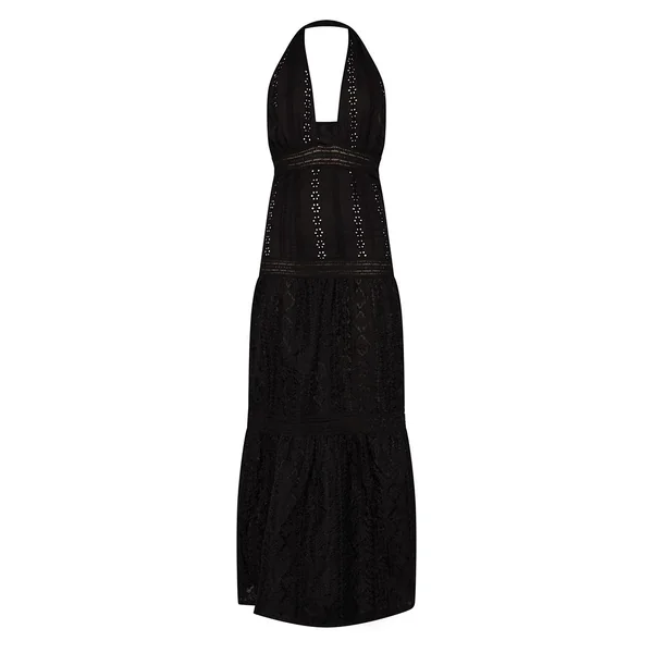 Noir Robe Longue Texturée À Col Licou