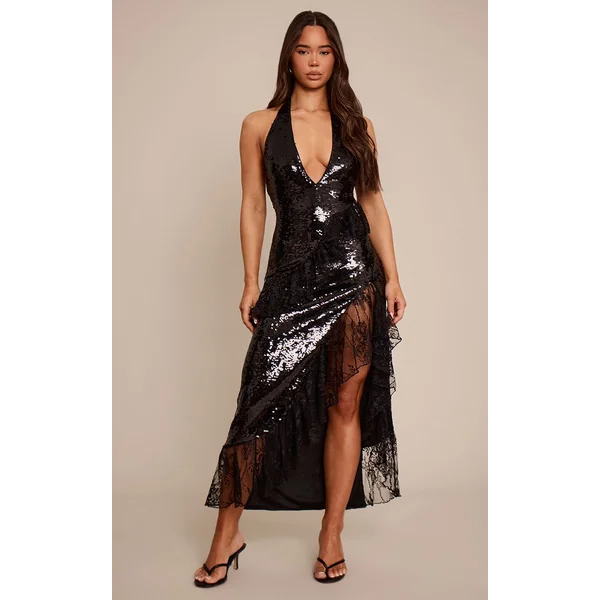 Noir Robe Longue À Col En V Et Volants