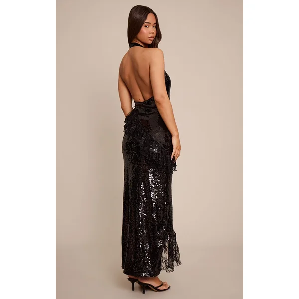 Noir Robe Longue À Col En V Et Volants
