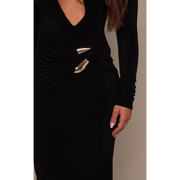 Noir Robe Maxi Asymétrique À Décolleté Plongeant Avec Détail De Bordure Double Couche En Tissu Slinky Label Plt