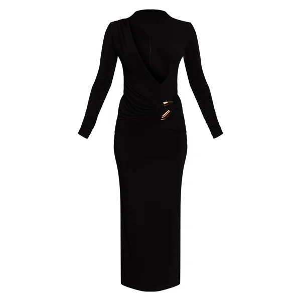 Noir Robe Maxi Asymétrique À Décolleté Plongeant Avec Détail De Bordure Double Couche En Tissu Slinky Label Plt