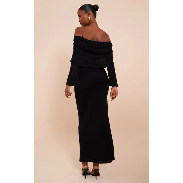 Noir Robe Maxi Bardot Texturée À Revers